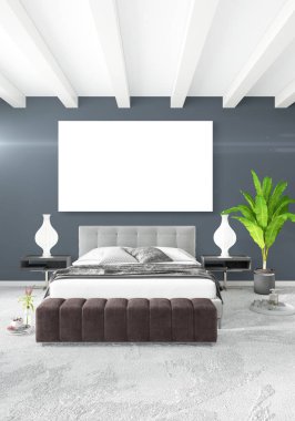 Beyaz yatak odası en az stil iç tasarım ahşap duvar ve gri Kanepeli. 3D render.