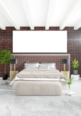 Beyaz yatak odası en az stil iç tasarım ahşap duvar ve gri Kanepeli. 3D render.