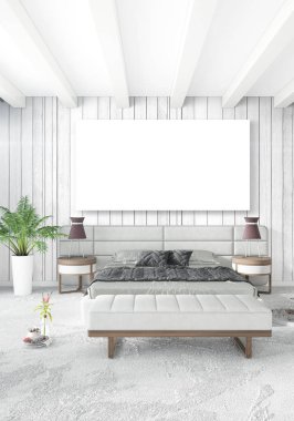 Beyaz yatak odası en az stil iç tasarım ahşap duvar ve gri Kanepeli. 3D render.
