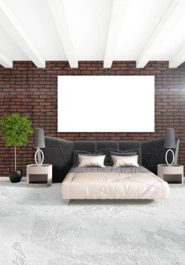 Beyaz yatak odası en az stil iç tasarım ahşap duvar ve gri Kanepeli. 3D render.