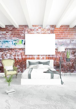 Beyaz yatak odası en az stil iç tasarım ahşap duvar ve gri Kanepeli. 3D render.