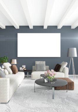 Beyaz yatak odası en az stil iç tasarım ahşap duvar ve gri Kanepeli. 3D render.