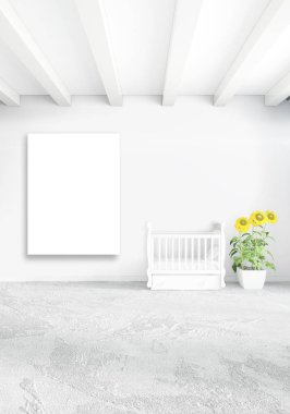 Beyaz yatak odası en az stil iç tasarım ahşap duvar ve gri Kanepeli. 3D render.