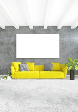 Modern yatak odası sarı kanepe lüks en az tarzı iç çatı tasarımı ile eklektik duvar. 3D render.