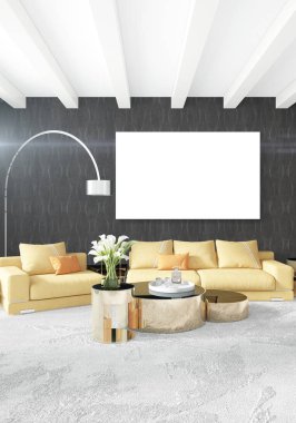 Modern yatak odası sarı kanepe lüks en az tarzı iç çatı tasarımı ile eklektik duvar. 3D render.