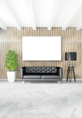 Beyaz yatak odası en az stil iç tasarım ahşap duvar ve gri Kanepeli. 3D render.