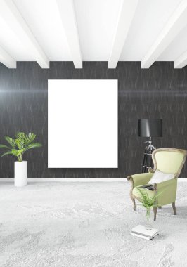 Beyaz yatak odası en az stil iç tasarım ahşap duvar ve gri Kanepeli. 3D render.