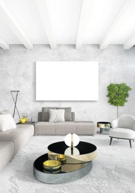 Beyaz yatak odası en az stil iç tasarım ahşap duvar ve gri Kanepeli. 3D render.