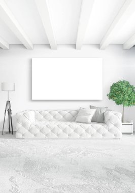 Beyaz yatak odası en az stil iç tasarım ahşap duvar ve gri Kanepeli. 3D render.