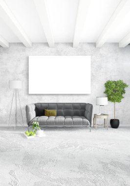 Beyaz yatak odası en az stil iç tasarım ahşap duvar ve gri Kanepeli. 3D render.