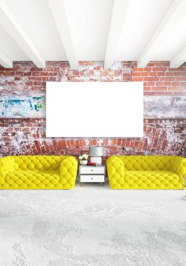 Beyaz yatak odası en az stil iç tasarım ahşap duvar ve gri Kanepeli. 3D render.