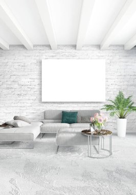 Beyaz yatak odası en az stil iç tasarım ahşap duvar ve gri Kanepeli. 3D render.