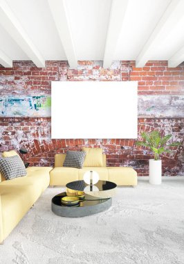 Beyaz yatak odası en az stil iç tasarım ahşap duvar ve gri Kanepeli. 3D render.