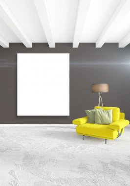 Beyaz yatak odası en az stil iç tasarım ahşap duvar ve gri Kanepeli. 3D render.