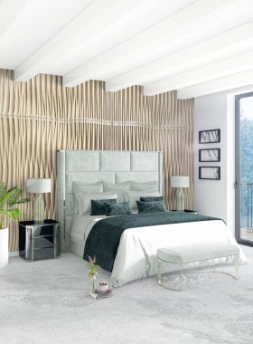 Beyaz yatak odası en az stil iç tasarım ahşap duvar ve gri Kanepeli. 3D render.