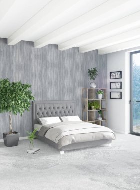 Beyaz yatak odası en az stil iç tasarım ahşap duvar ve gri Kanepeli. 3D render.