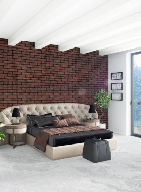 Beyaz yatak odası en az stil iç tasarım ahşap duvar ve gri Kanepeli. 3D render.