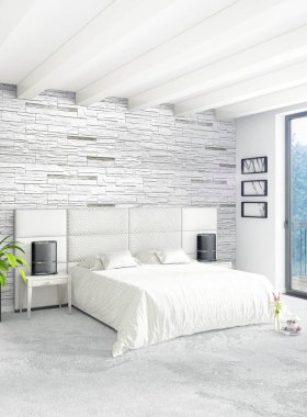 Beyaz yatak odası en az stil iç tasarım ahşap duvar ve gri Kanepeli. 3D render.