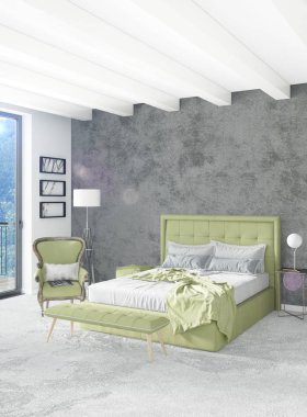 Beyaz yatak odası en az stil iç tasarım ahşap duvar ve gri Kanepeli. 3D render.