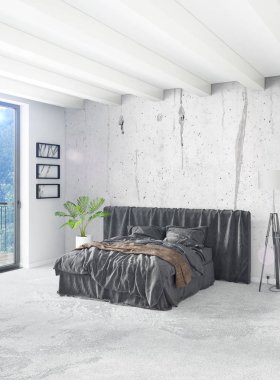 Beyaz yatak odası en az stil iç tasarım ahşap duvar ve gri Kanepeli. 3D render.