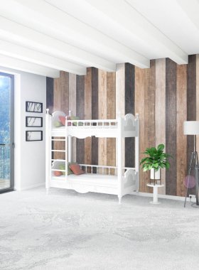 Beyaz yatak odası en az stil iç tasarım ahşap duvar ve gri Kanepeli. 3D render.