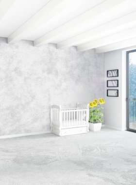 Beyaz yatak odası en az stil iç tasarım ahşap duvar ve gri Kanepeli. 3D render.