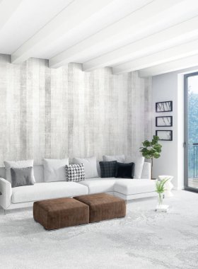 Beyaz yatak odası en az stil iç tasarım ahşap duvar ve gri Kanepeli. 3D render.