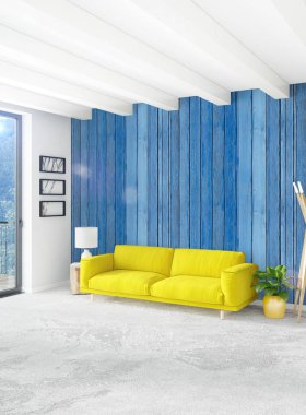 Beyaz yatak odası en az stil iç tasarım ahşap duvar ve gri Kanepeli. 3D render.