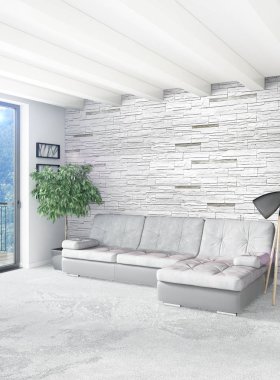 Beyaz yatak odası en az stil iç tasarım ahşap duvar ve gri Kanepeli. 3D render.