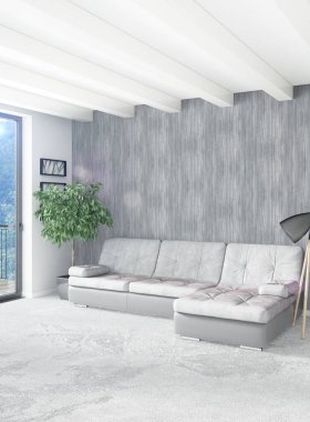 Beyaz yatak odası en az stil iç tasarım ahşap duvar ve gri Kanepeli. 3D render.