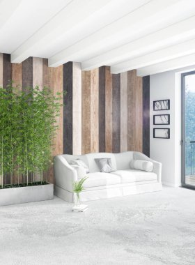 Beyaz yatak odası en az stil iç tasarım ahşap duvar ve gri Kanepeli. 3D render.