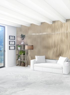 Beyaz yatak odası en az stil iç tasarım ahşap duvar ve gri Kanepeli. 3D render.