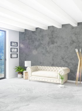 Beyaz yatak odası en az stil iç tasarım ahşap duvar ve gri Kanepeli. 3D render.