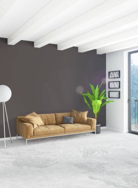 Beyaz yatak odası en az stil iç tasarım ahşap duvar ve gri Kanepeli. 3D render.