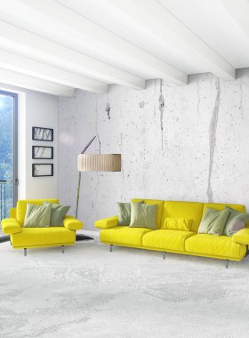 Beyaz yatak odası en az stil iç tasarım ahşap duvar ve gri Kanepeli. 3D render.