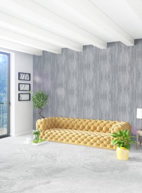 Beyaz yatak odası en az stil iç tasarım ahşap duvar ve gri Kanepeli. 3D render.