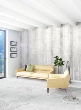 Beyaz yatak odası en az stil iç tasarım ahşap duvar ve gri Kanepeli. 3D render.