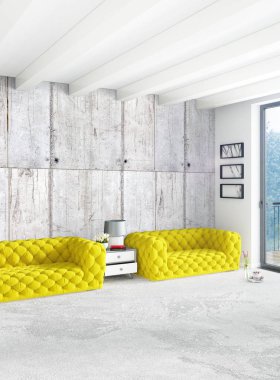 Beyaz yatak odası en az stil iç tasarım ahşap duvar ve gri Kanepeli. 3D render.