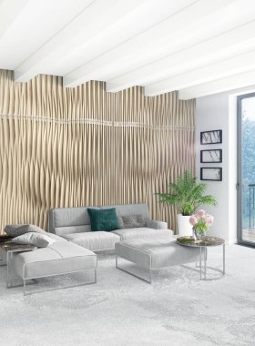 Beyaz yatak odası en az stil iç tasarım ahşap duvar ve gri Kanepeli. 3D render.