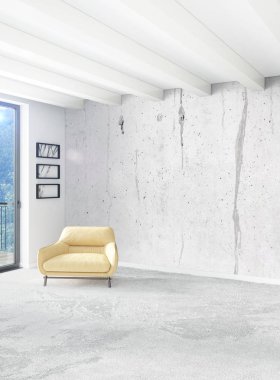 Beyaz yatak odası en az stil iç tasarım ahşap duvar ve gri Kanepeli. 3D render.