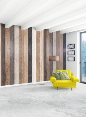 Beyaz yatak odası en az stil iç tasarım ahşap duvar ve gri Kanepeli. 3D render.