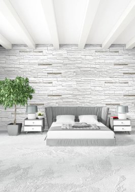Beyaz yatak odası en az stil iç tasarım ahşap duvar ve gri Kanepeli. 3D render.