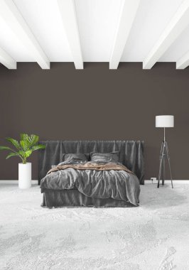 Beyaz yatak odası en az stil iç tasarım ahşap duvar ve gri Kanepeli. 3D render.