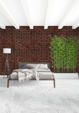 Beyaz yatak odası en az stil iç tasarım ahşap duvar ve gri Kanepeli. 3D render.