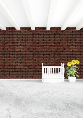 Beyaz yatak odası en az stil iç tasarım ahşap duvar ve gri Kanepeli. 3D render.