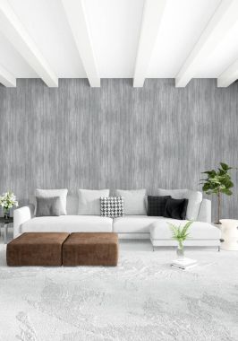 Beyaz yatak odası en az stil iç tasarım ahşap duvar ve gri Kanepeli. 3D render.