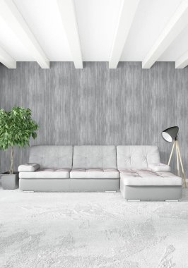 Beyaz yatak odası en az stil iç tasarım ahşap duvar ve gri Kanepeli. 3D render.
