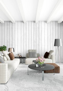 Beyaz yatak odası en az stil iç tasarım ahşap duvar ve gri Kanepeli. 3D render.