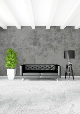 Beyaz yatak odası en az stil iç tasarım ahşap duvar ve gri Kanepeli. 3D render.