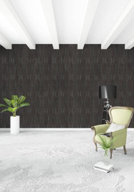 Beyaz yatak odası en az stil iç tasarım ahşap duvar ve gri Kanepeli. 3D render.